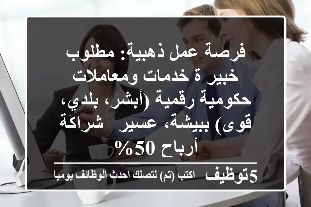 فرصة عمل ذهبية: مطلوب خبير/ة خدمات ومعاملات حكومية رقمية (أبشر، بلدي، قوى) ببيشة، عسير - شراكة أرباح 50%